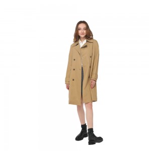 2020 modern knee length trench coat with lapel collar and double-breasted button fastening women wholesale