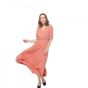 2020 modern cotton jacquard V – neck half sleeve maxi dress women wholesale