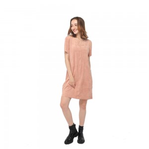 2020 modern smooth faux suede round neck short sleeve straight dress women wholesale