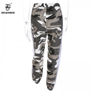 Autumn Camouflage Patchwork Side Slit Snap Button Loose Elastic Mid Waist Long Pants Women Streetwear Harem Trousers