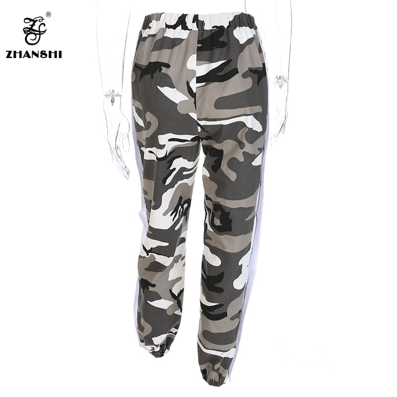 Autumn Camouflage Patchwork Side Slit Snap Button Loose Elastic Mid Waist Long Pants Women Streetwear Harem Trousers1 (1)