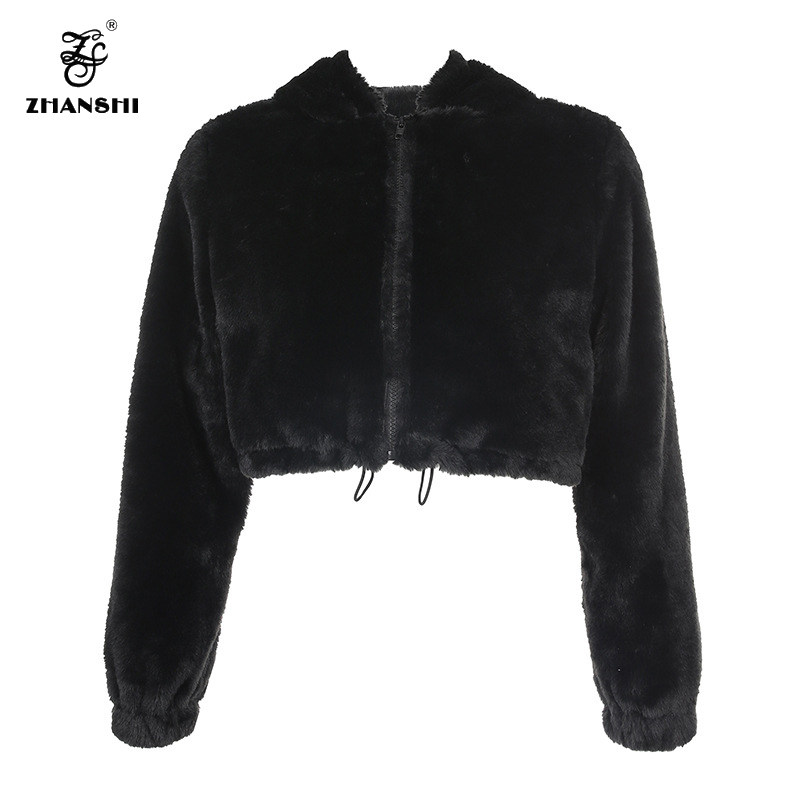 2019 Newest Fashion Winter Black Faux Rabbit Fur Soft Full Sleeve Streetwear Crop Top Jacket Women Parka Coat1 (2)