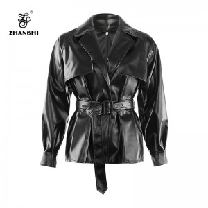 2019 women black fashion faux leather jacket empire sashes coat