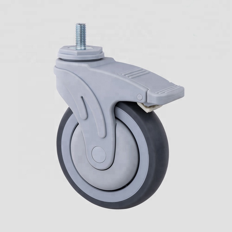 Plastic Yoke Brake TPR Medical Hospital Equipment Caster Wheel American Style Threaded Stem Water Proof Anti Rust Nylon 5" -