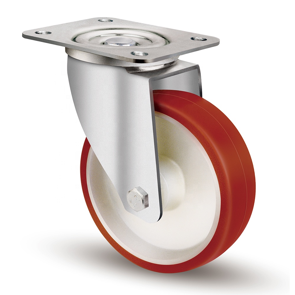 100 mm 4 tommer tung industri, rød PU Nylon Kernerulleleje topplade type højkapacitets drejehjul