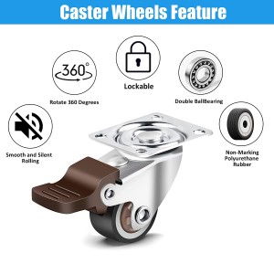 Small Caster Wheels for Furniture Low Profile Soft Rubber Casters Swivel Plate Castors Rolling Smooth, Load Capacity 100 Lbs for Set of 4 (2 with Brake and 2 Without)
