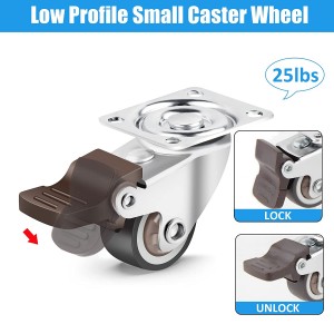 Small Caster Wheels for Furniture Low Profile Soft Rubber Casters Swivel Plate Castors Rolling Smooth, Load Capacity 100 Lbs for Set of 4 (2 with Brake and 2 Without)