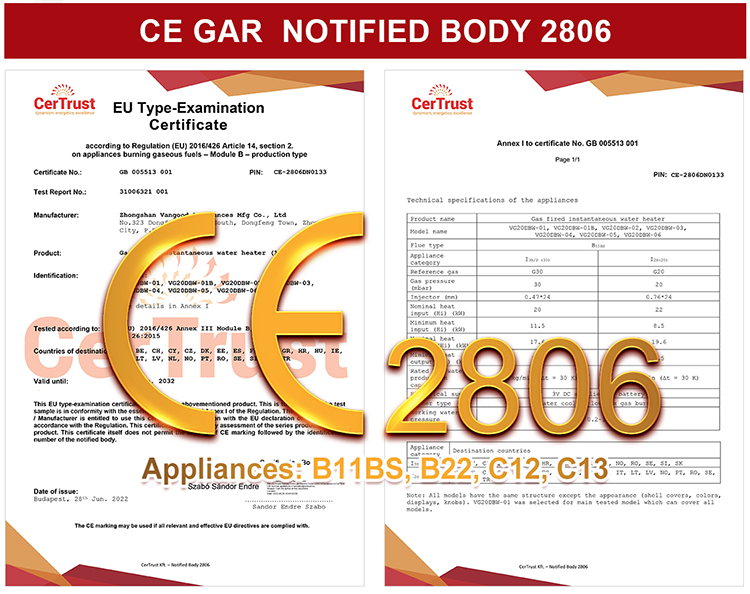 Vangood Water Heater Get CE Certification