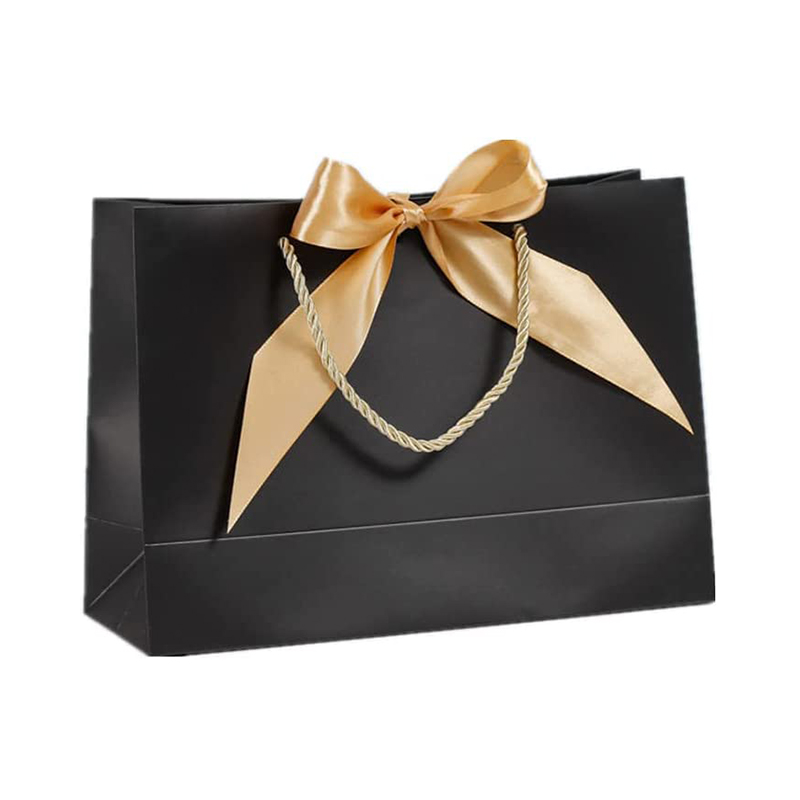Premium Quality Black Paper Gift Bags with Gold Bow Ribbon – Pack