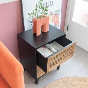 Nightstand Solid Wood Retro Rattan Bedside Table with Single Drawer Easy to Assemble Suitable for Small End Table in Bedroom and Living Room