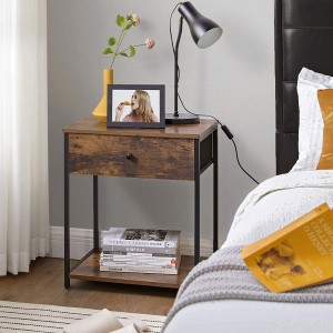 Industrial Bedside Table with Drawer, 2 Shelves, Fabric Drawer Dresser, End Table with Wooden Top and Front