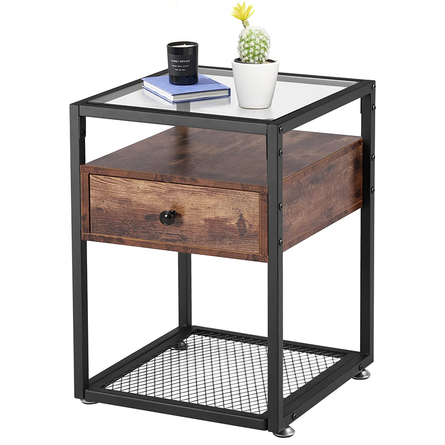 Empered Glass End Table, Cabinet with Drawer and Rustic Shelf Decoration in Living Room Featured Image