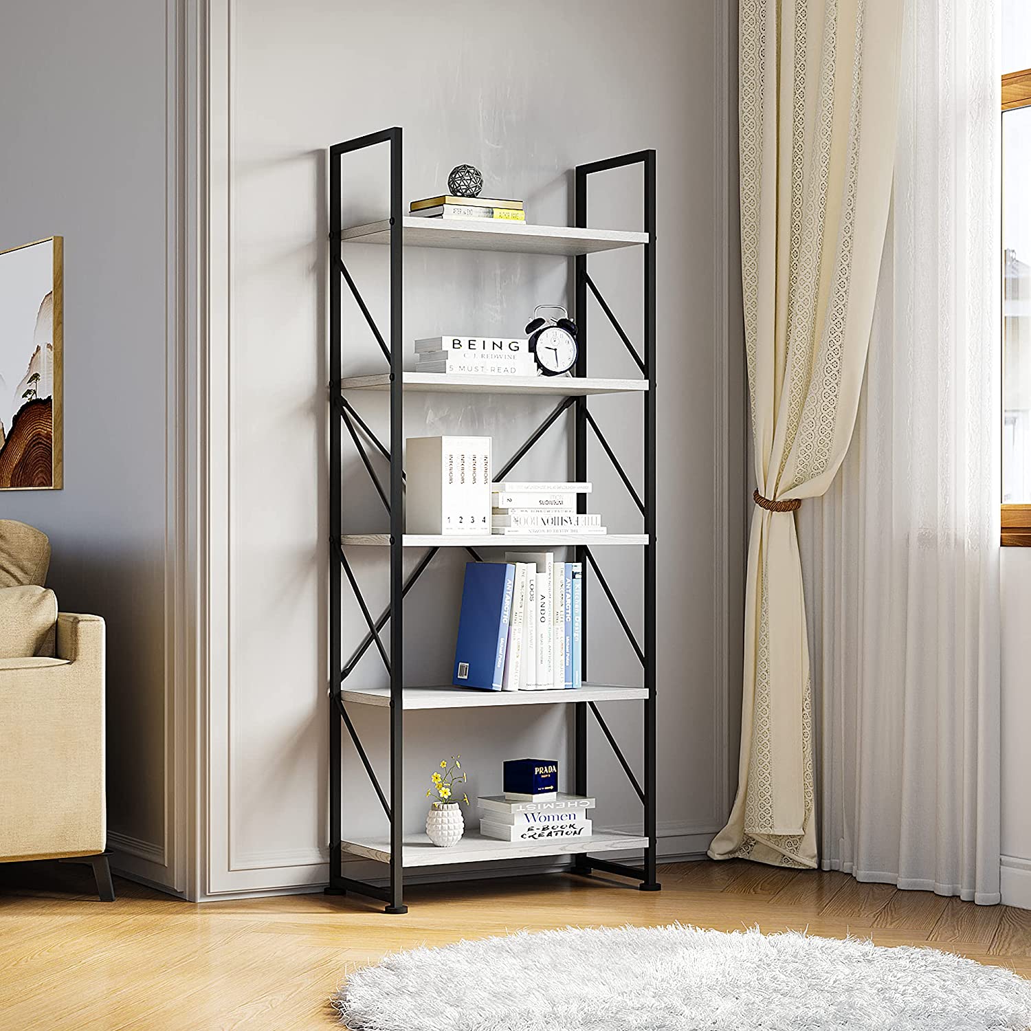 5 Tiers Bookshelf, Classically Modern Bookshelf, Book Rack, Storage Rack Shelves in Living Room/Home/Office, Books Holder Organizer for Books/Movies – White Featured Image