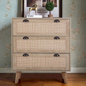 Storage Cabinet with Rattan Drawers and Pine Wood Legs, 3 Drawer Storage Chest for Living Room Bedroom