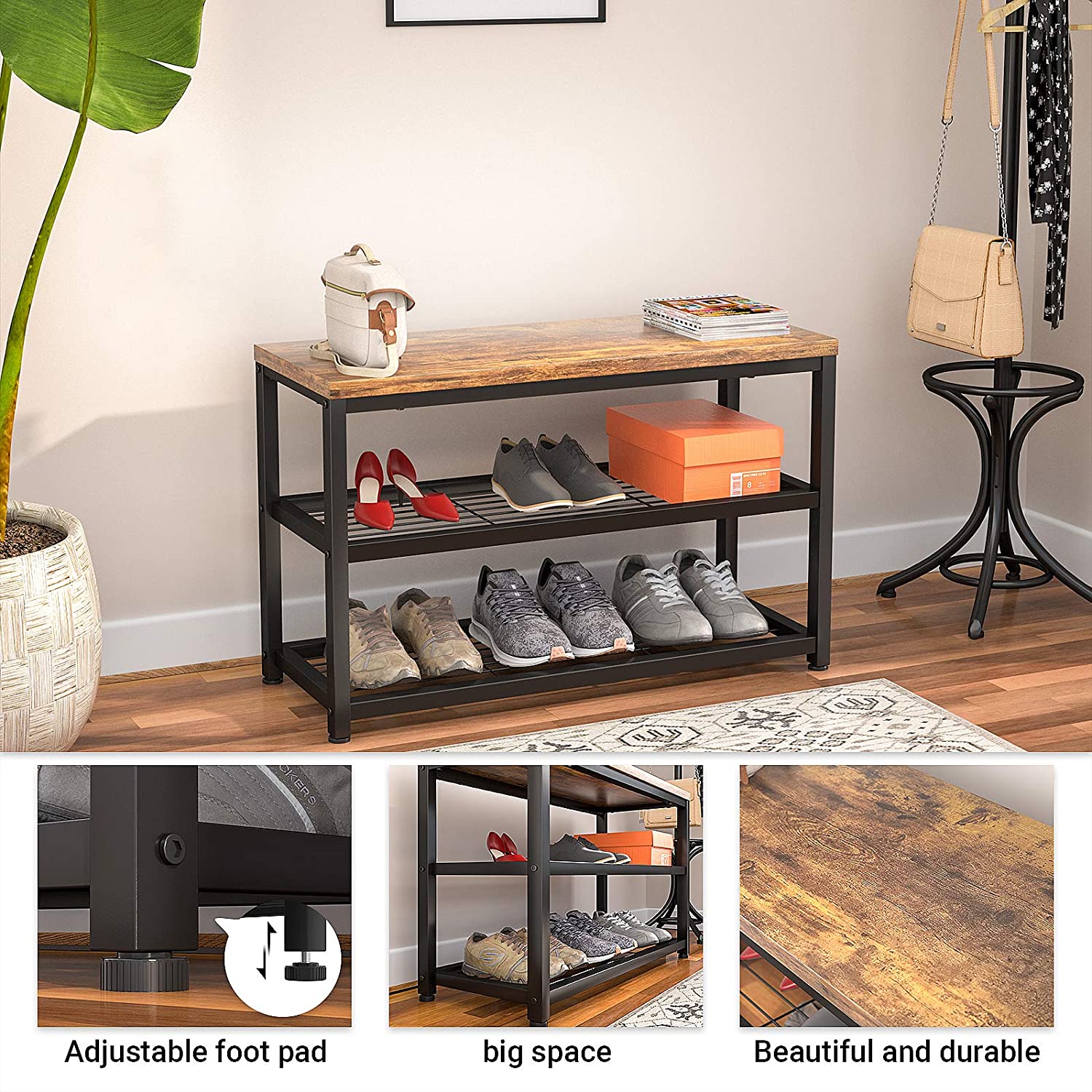 Industrial Shoe Storage Organizer Entry Bench Entryway Table for Hallway Living Room Closet Bedroom