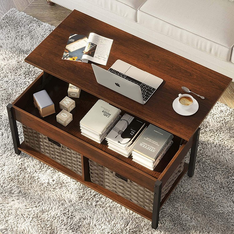 Lift Top Coffee Table with Storage Rustic Wood Raisable Top Central Table for Living Room Hidden Compartment Shelf Tabletop