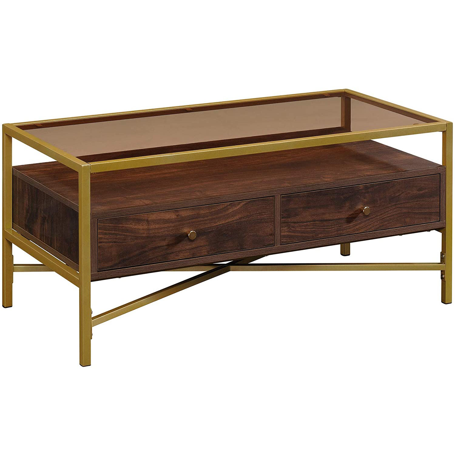 Home Decor Contemporary Golden Metal Frame Glass Top Coffee Table With Two Storage Drawers