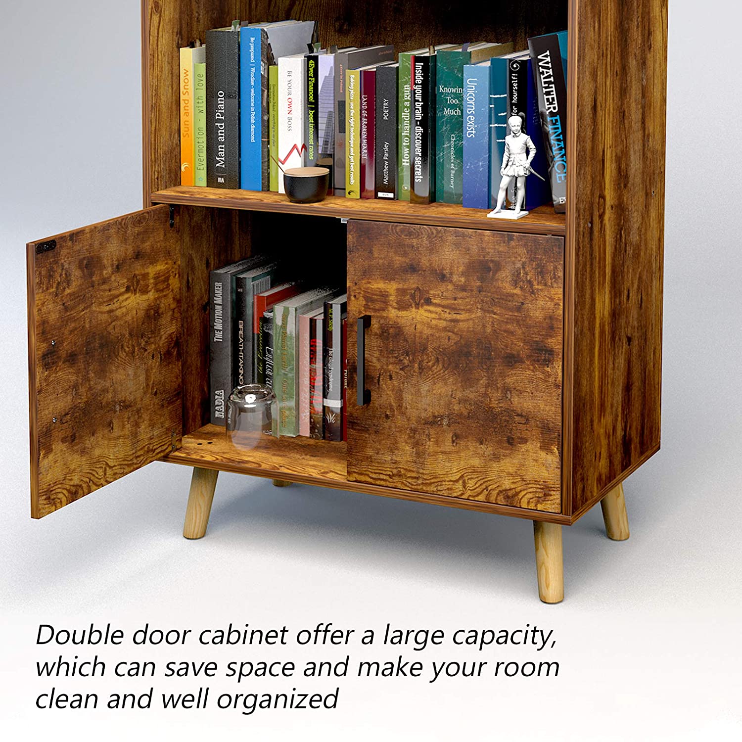Office Rustic Storage Cabinet Bookcase With Doors 2 Tier Shelves Freestanding Pantry Cabinet,Display