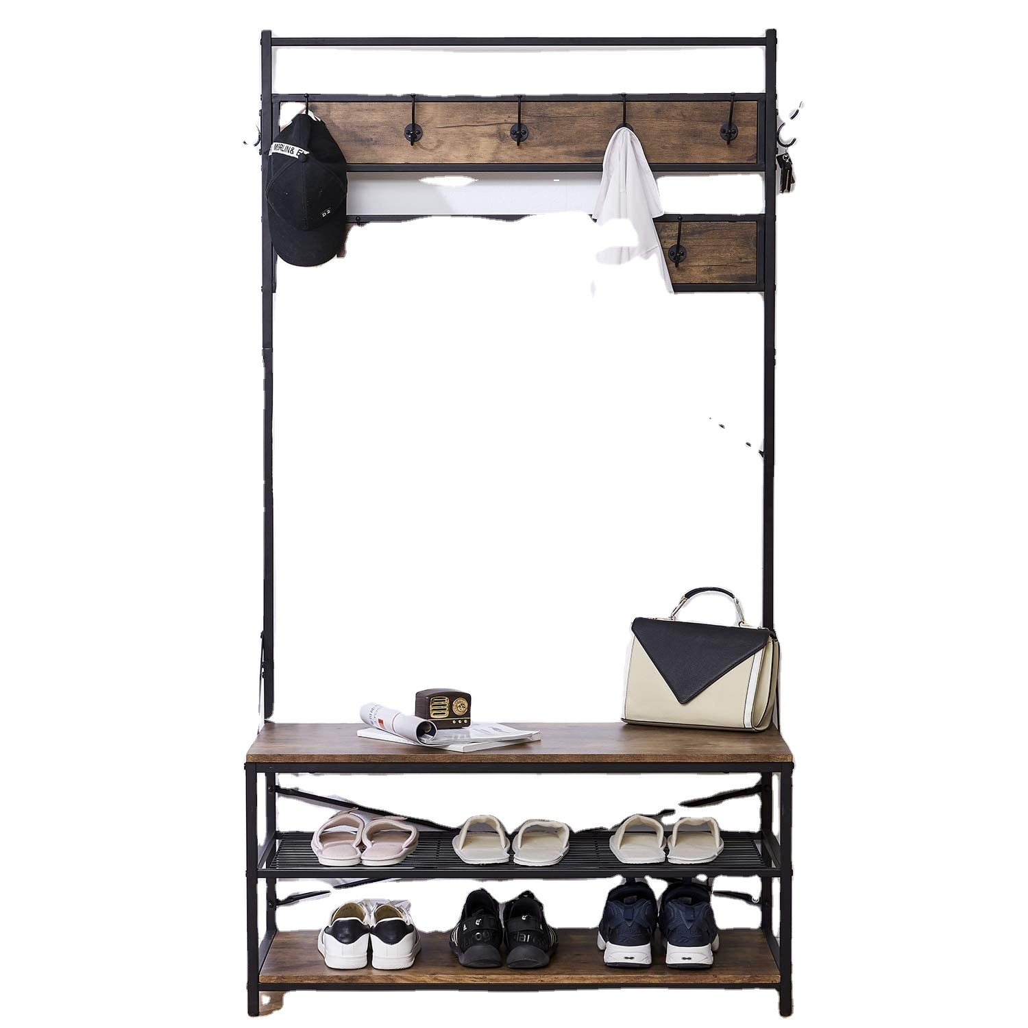Metal Wood vintage casual Indoor entryway coat rack With Shoe Storage  And Suitable For Living room