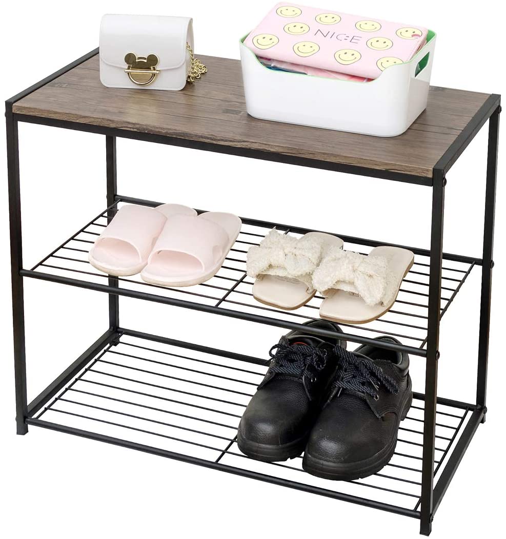 Simple Metal Wood 3-Tier Rustic Burnt Wood  Shoes Storage For Easy Assembly And Suitable For Living Room Featured Image