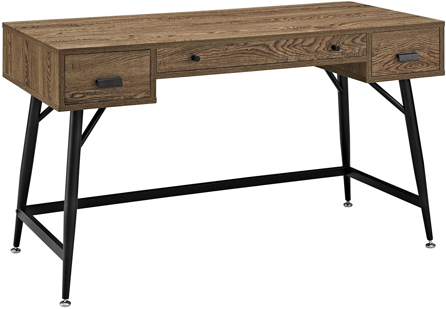 Wood Grain and Metal Writing Office Desk With Storage Drawers In Walnut