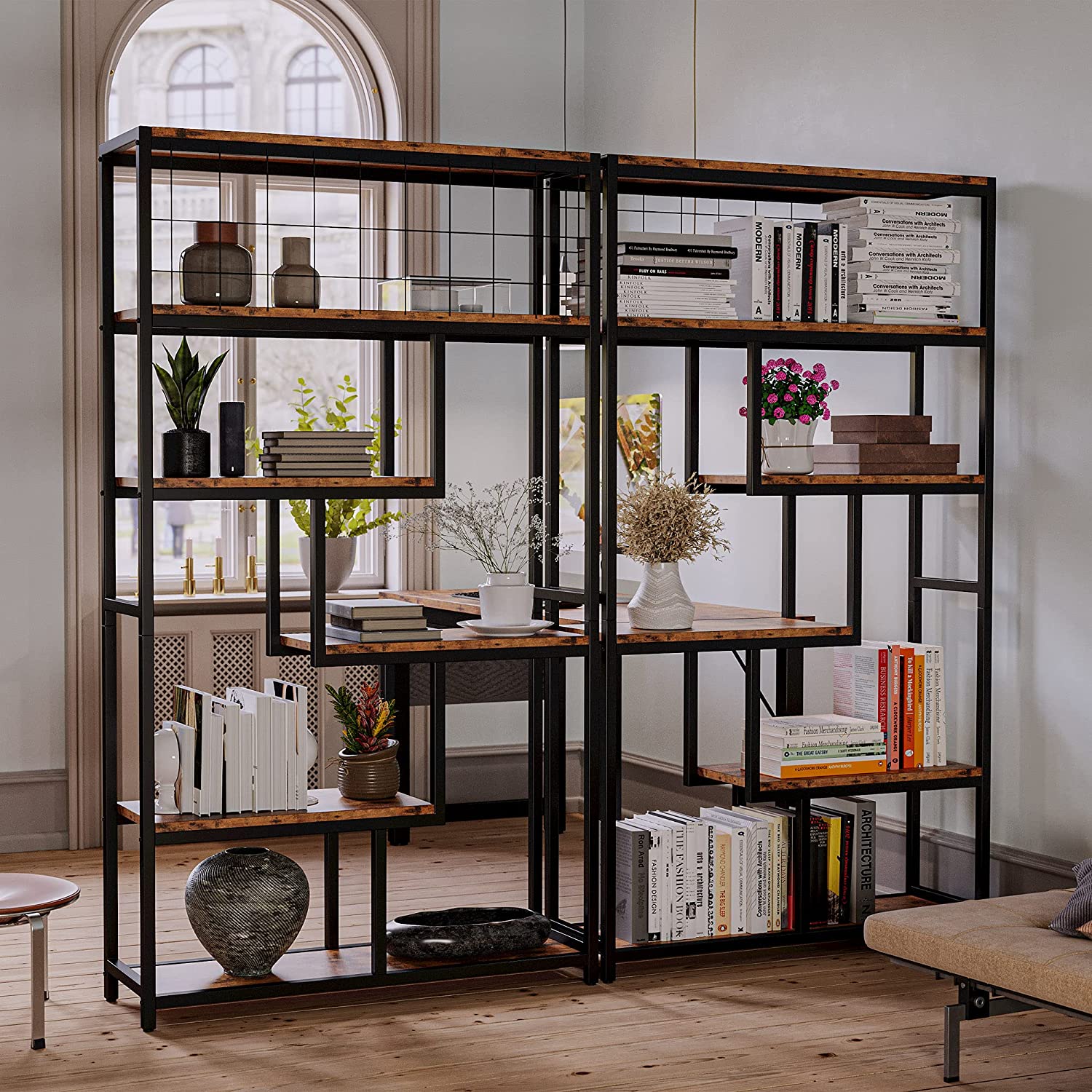 Industrial Bookcase and Bookshelf 6 Tier, Wood Metal Shelving Unit