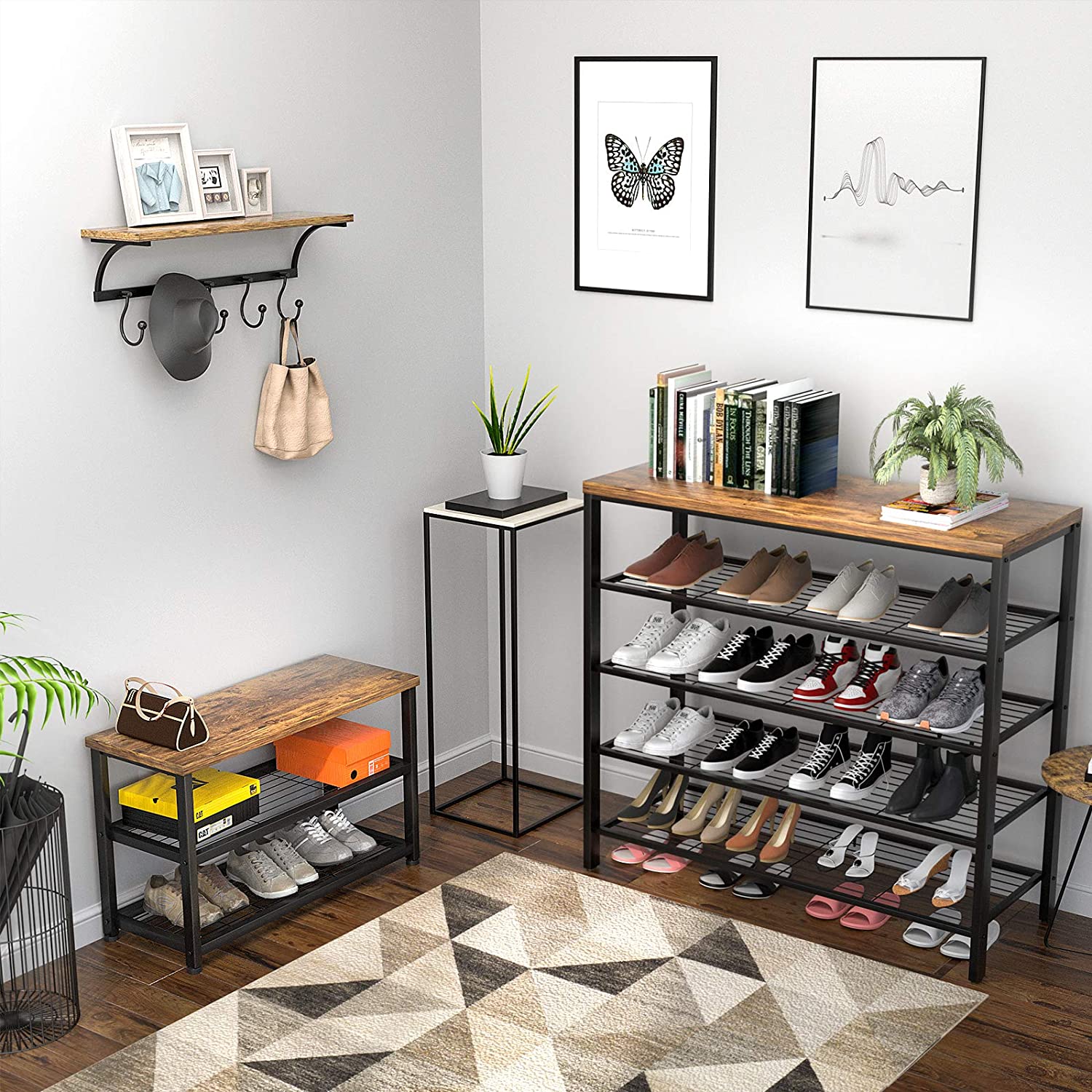 Simple Metal Wood Entryway Bench Shoes Storage with Two-layer Storage For Easy Assembly And Suitable For Living Room