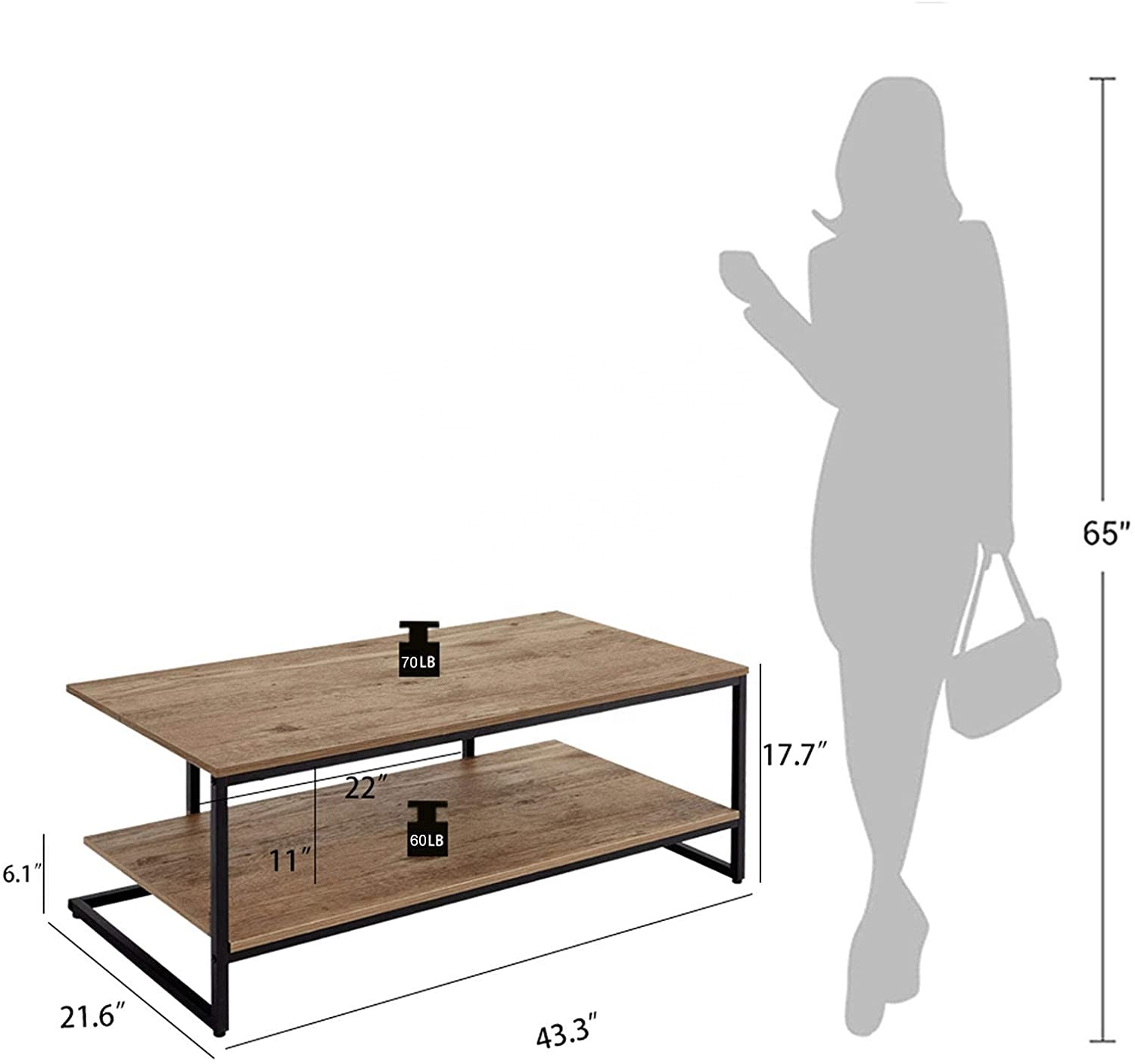 Coffee Table Industrial Rustic Wooden Board and Metal Frame Rectangular Coffee Table with Storage Shelf for Living Room,
