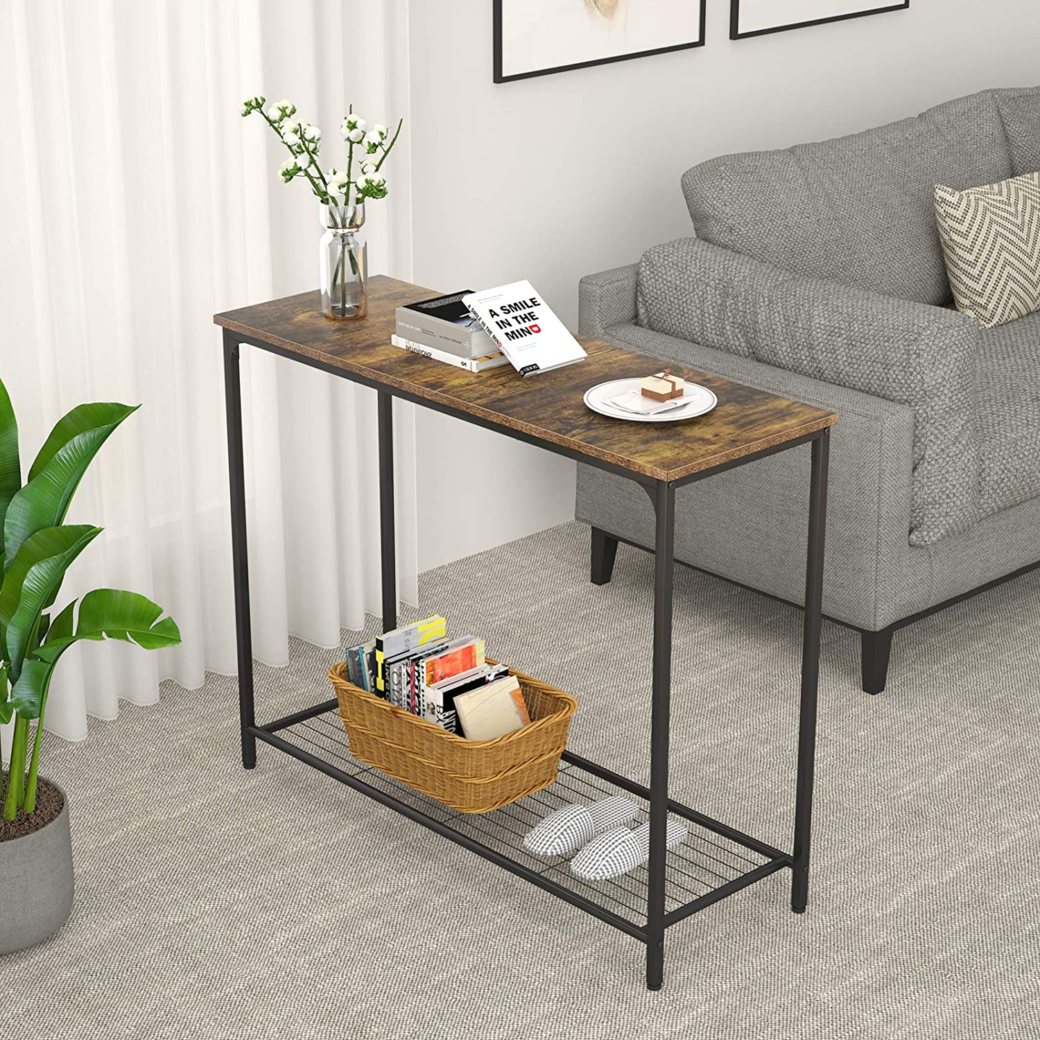 Living Room Industrial  Brown Console Table Entryway Table with Metal wood