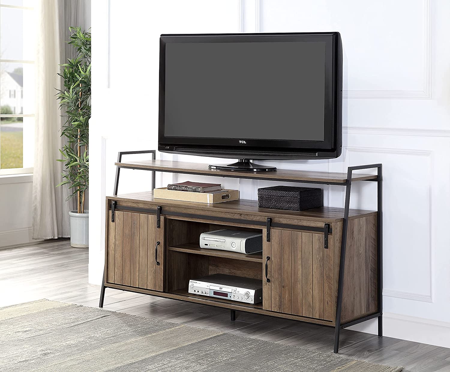Knocbel Industrial 60in TV Stand Television Console Table Storage Cabinet with Sliding Barn Doors and Compartments