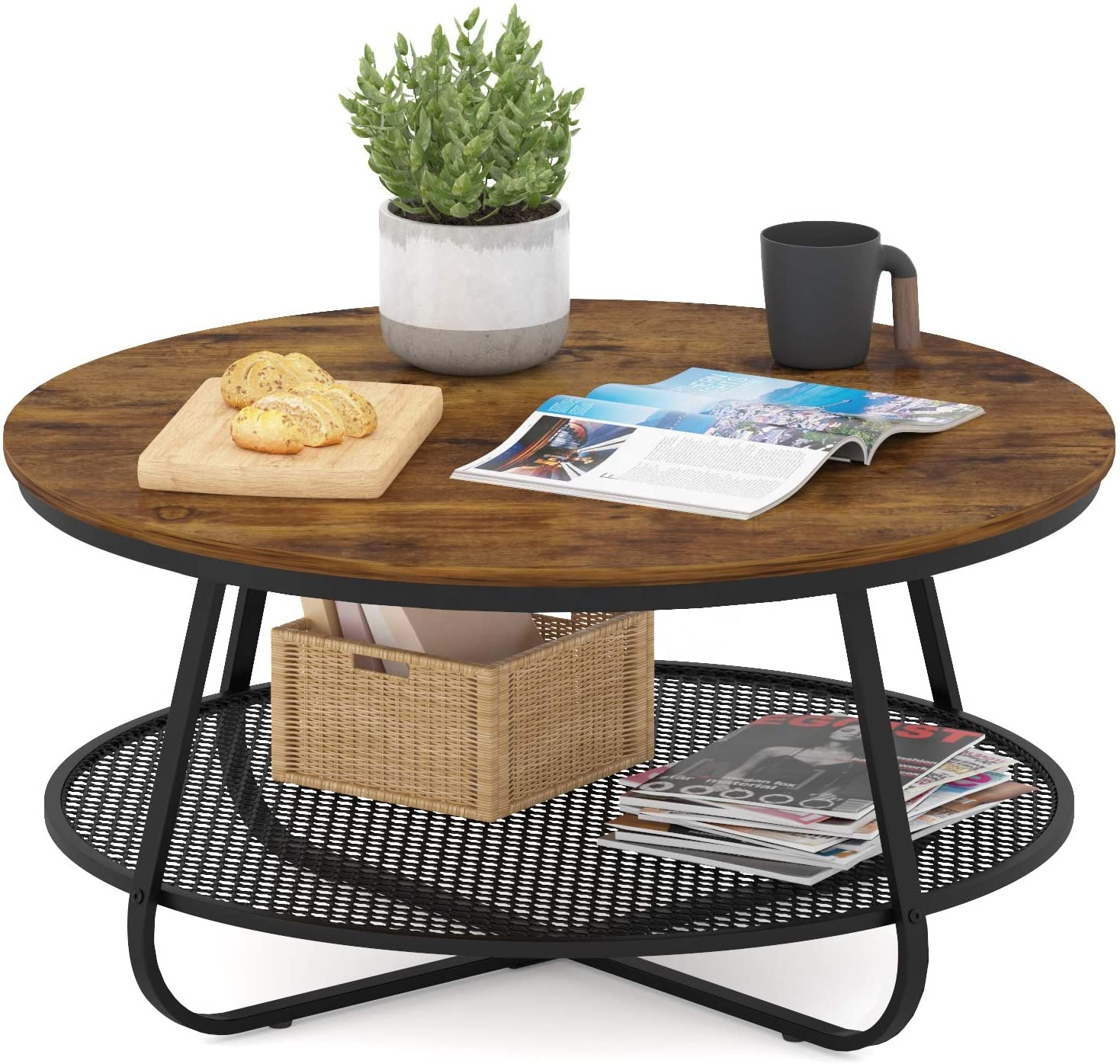 High Quanlity Luxury Style Mordern Wholesale 2 Layers Detachable Round Wooden Metal Mix Side Coffee Table Easy Assembly
