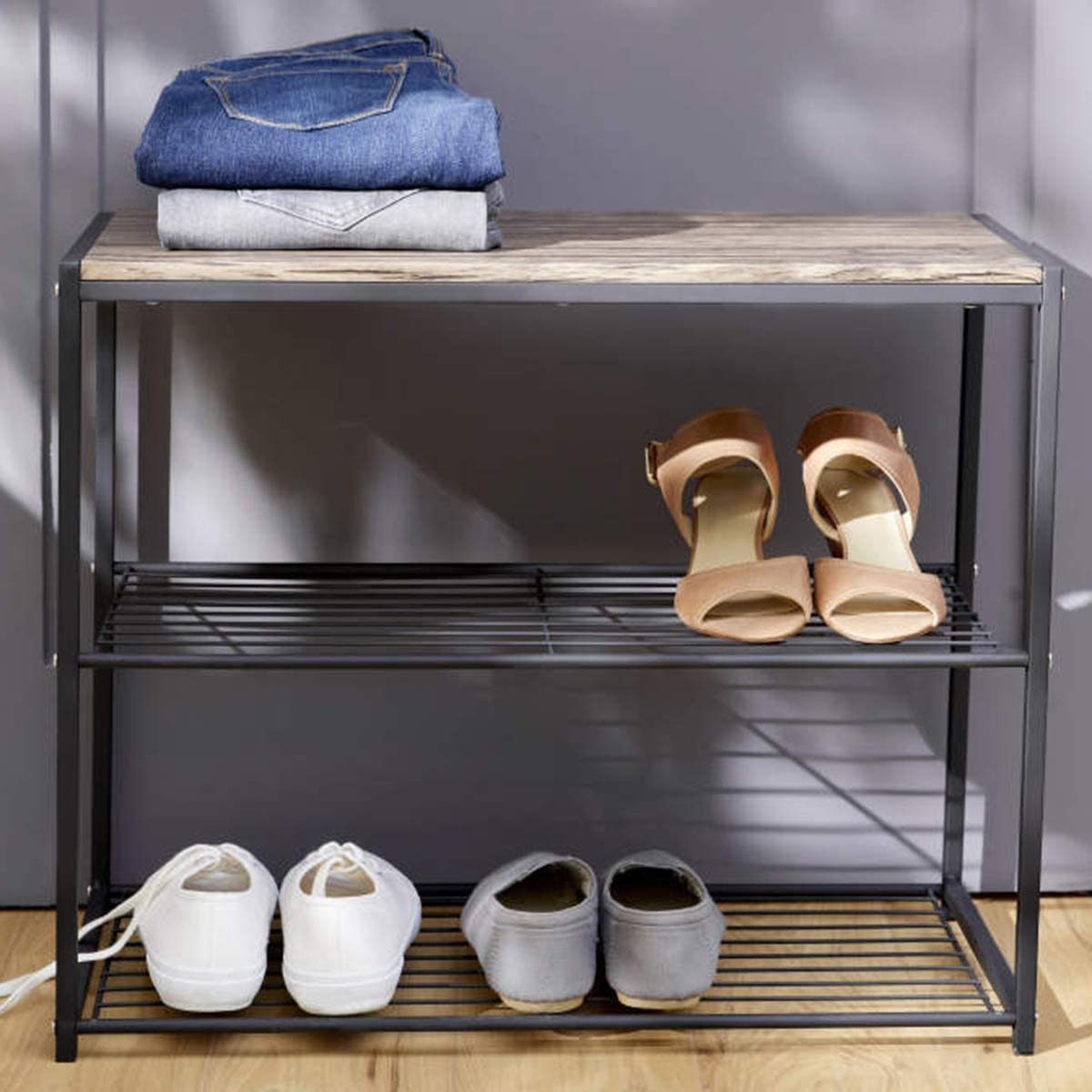 Simple Metal Wood 3-Tier Rustic Burnt Wood  Shoes Storage For Easy Assembly And Suitable For Living Room