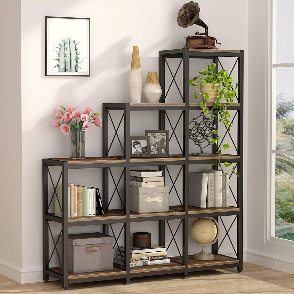 Industrial Home Office Rustic Ladder 9 Cubes Etagere Display Shelves Storage Organizer 12 Shelves Bookshelf