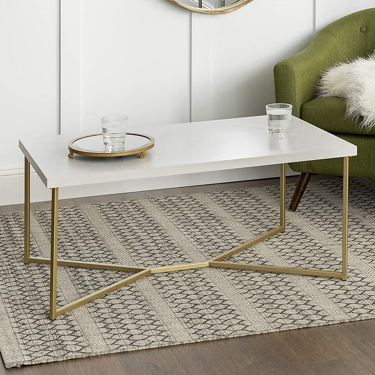Unique Design Hot Sale Gold Metal Legs Mid Century Modern Rectangle Marble Hotel Coffee Table