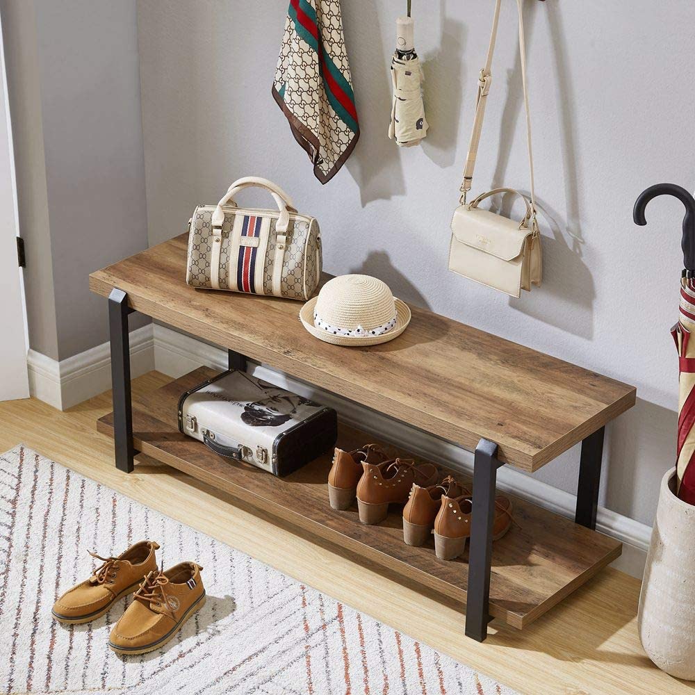 Simple Metal Wood Entryway Bench Shoes Storage with  Two-layer Storage For Easy Assembly And Suitable For Living Room