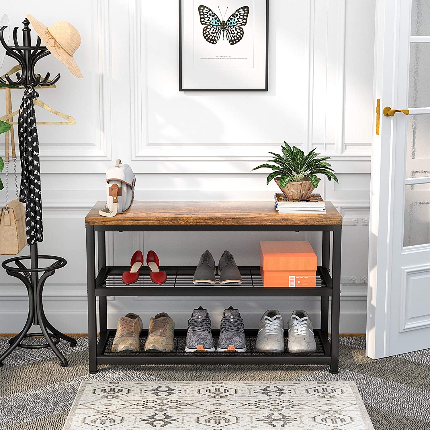 Simple Metal Wood Entryway Bench Shoes Storage with Two-layer Storage For Easy Assembly And Suitable For Living Room